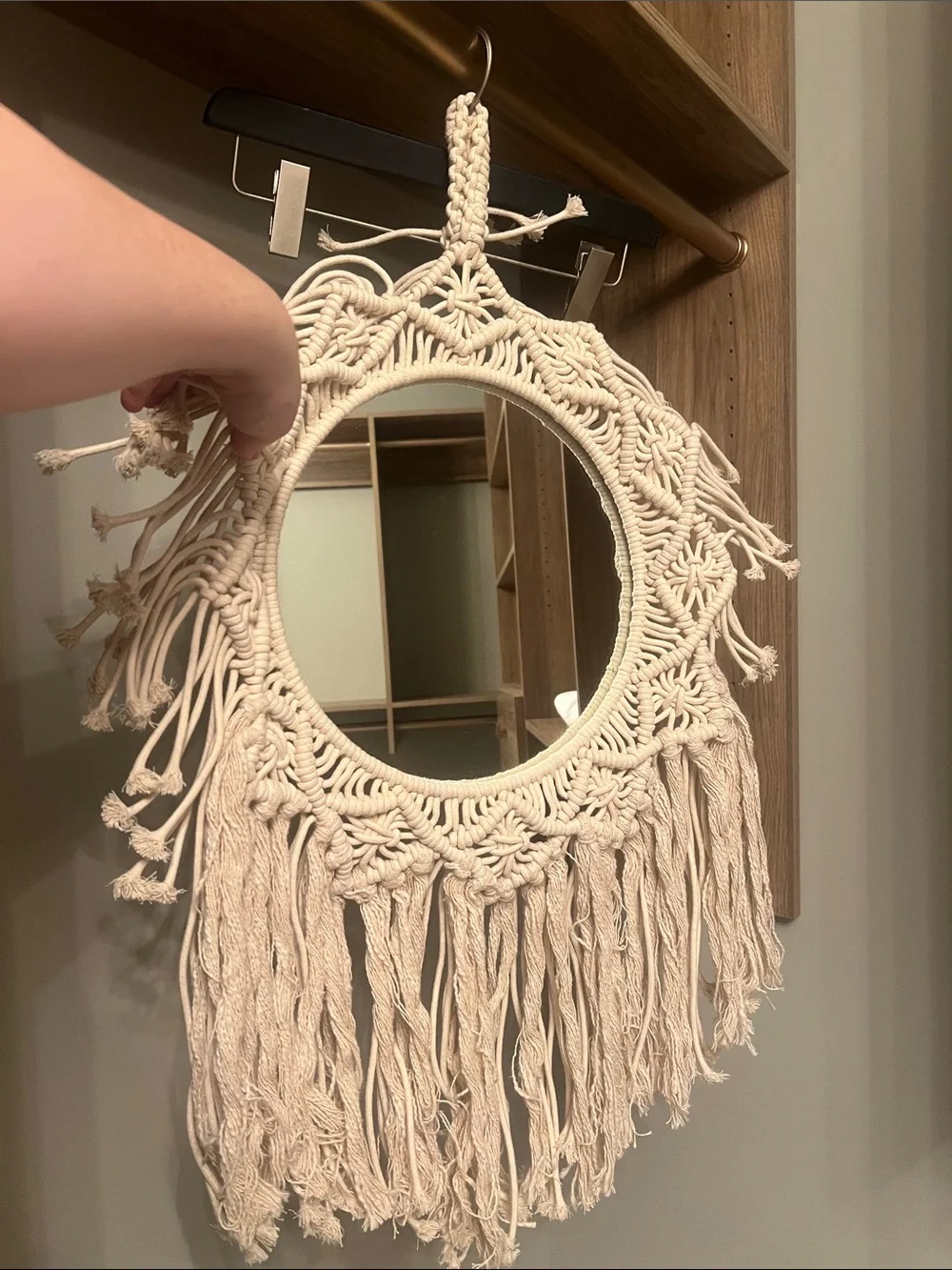 Handcrafted Macrame Fringe Wall Mirror - Cream